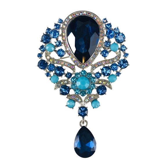 Unbranded Jewelry - Brooch Victorian Style Rhinestones Aqua & Blue